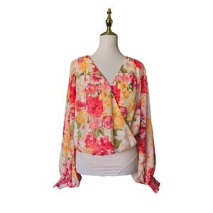 AURA Floral Wrap Bodysuit NWT Size M Balloon Sleeve Spring Cottagecore